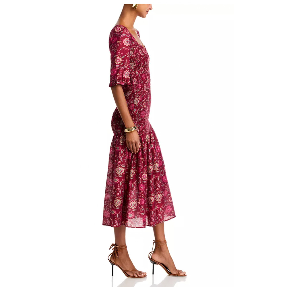 Sea New York 2 Famke $445 Smocked Sweetheart Midi Dress Floral Cottagecore Red - Picture 10 of 13